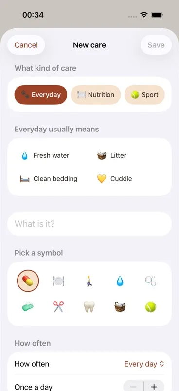 The "[Category] usually means" section with its row of suggestion chips, for example under Medical: Medicine, Vaccination, Worming, Flea treatment, Weight check.