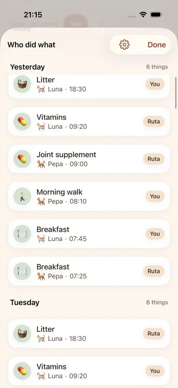 The "Who did what" screen with several day groups visible — "Today", "Yesterday", a weekday name, and a day/month date further down the list.