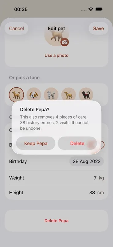 Delete confirmation prompt stating exactly what will be removed — e.g. "This also removes 4 pieces of care, 12 history entries, 2 visits, 3 photos. It cannot be undone." — with "Delete" and "Keep [Pet name]" buttons.