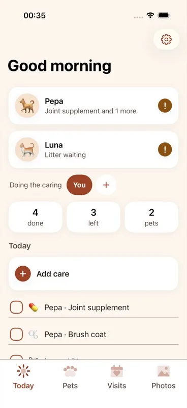 The "Doing the caring" row of name chips with one selected, the "+" button, and the long-press menu showing "Rename" and "Remove" options.