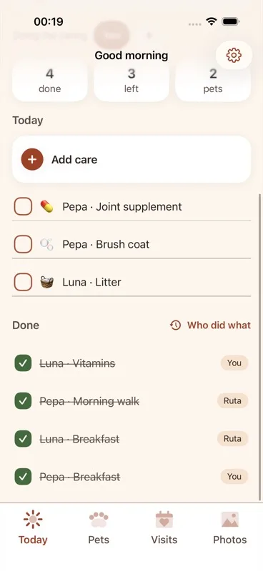 The "Done" section with the "Who did what" button in its header, and a strikethrough row showing a pet name, completed task, and a name capsule.