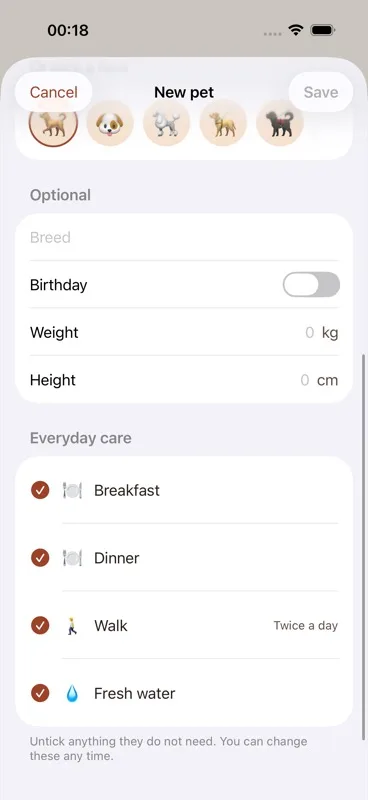 "Or pick a face" section for Dog/Cat showing 5 preset emoji face circles in a row.