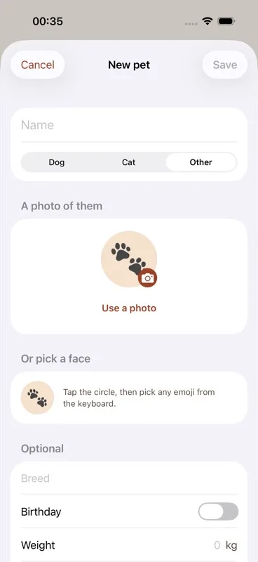 "Or pick a face" section for Other showing a single tappable circle that opens the emoji keyboard.