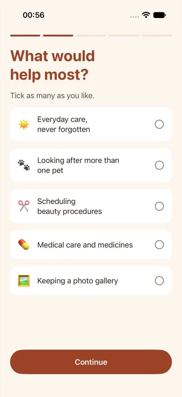 "What would help most?" screen with a checklist of five items, each with a checkbox, and a "Continue" button.
