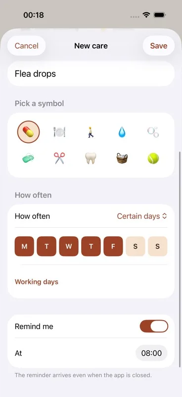 The "How often" picker with "Certain days" selected, showing the row of seven day buttons and the "Working days" button that ticks Monday to Friday in one tap.