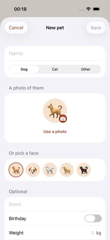 "New pet" screen with an empty Name field at the top.