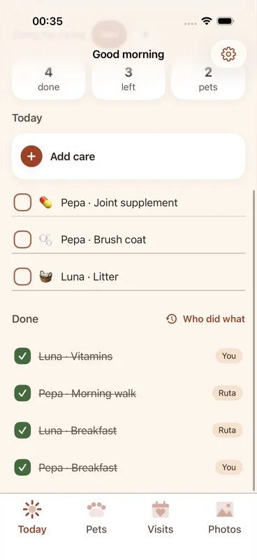 The list of open tasks, each row showing a checkbox, emoji, and "Pet name · task title," with a finger tapping one row.