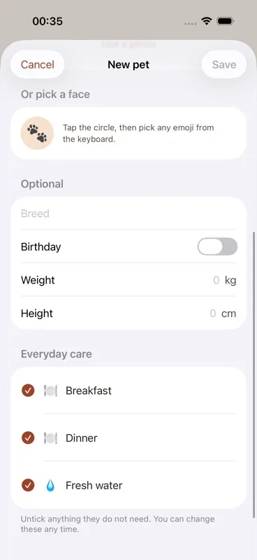 "Optional" section listing Breed, Birthday (with date picker revealed), Weight and Height, each with its unit label.