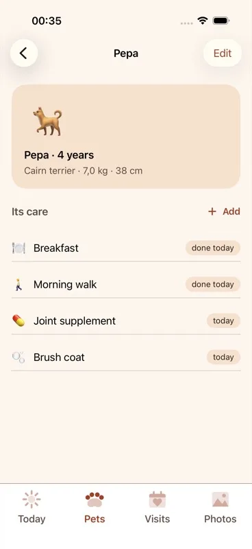 Pet detail screen with an "Edit" button in the top right.
