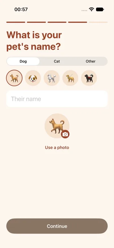 "What is your pet's name?" screen with a Dog / Cat / Other control, 5 preset face circles, a name field, an optional avatar, and a disabled "Continue" button.