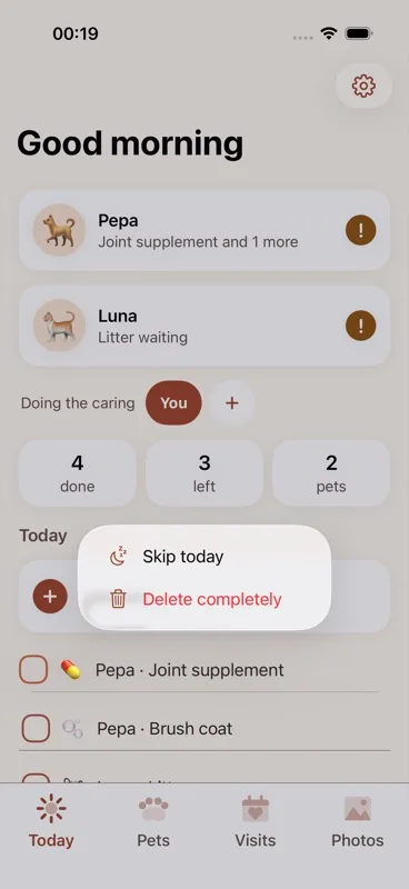 A task row on the Today list mid press-and-hold, with the menu showing "Skip today" and "Delete completely," and the confirmation alert for "Delete completely" with "Delete" and "Keep it" buttons.