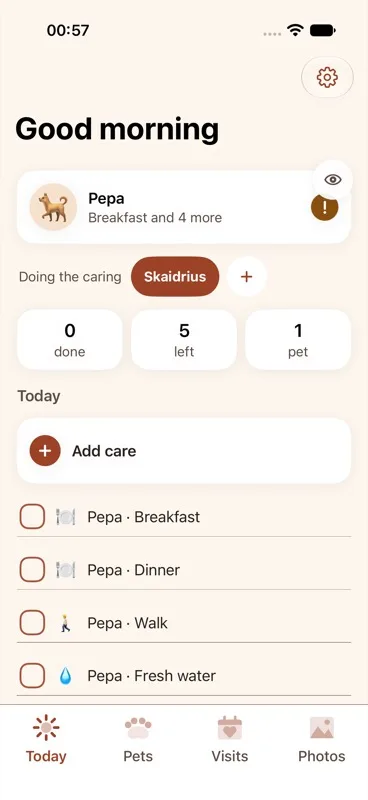 Today tab showing the time-aware greeting at the top, e.g. "Good mewwwwrning [Name]!" or "Good morrrrrrrning [Name]!", with the day's care items listed below.