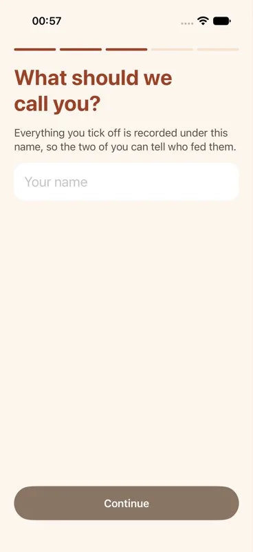 "What should we call you?" screen with a text field for a name, a circular avatar placeholder, and a disabled "Continue" button.