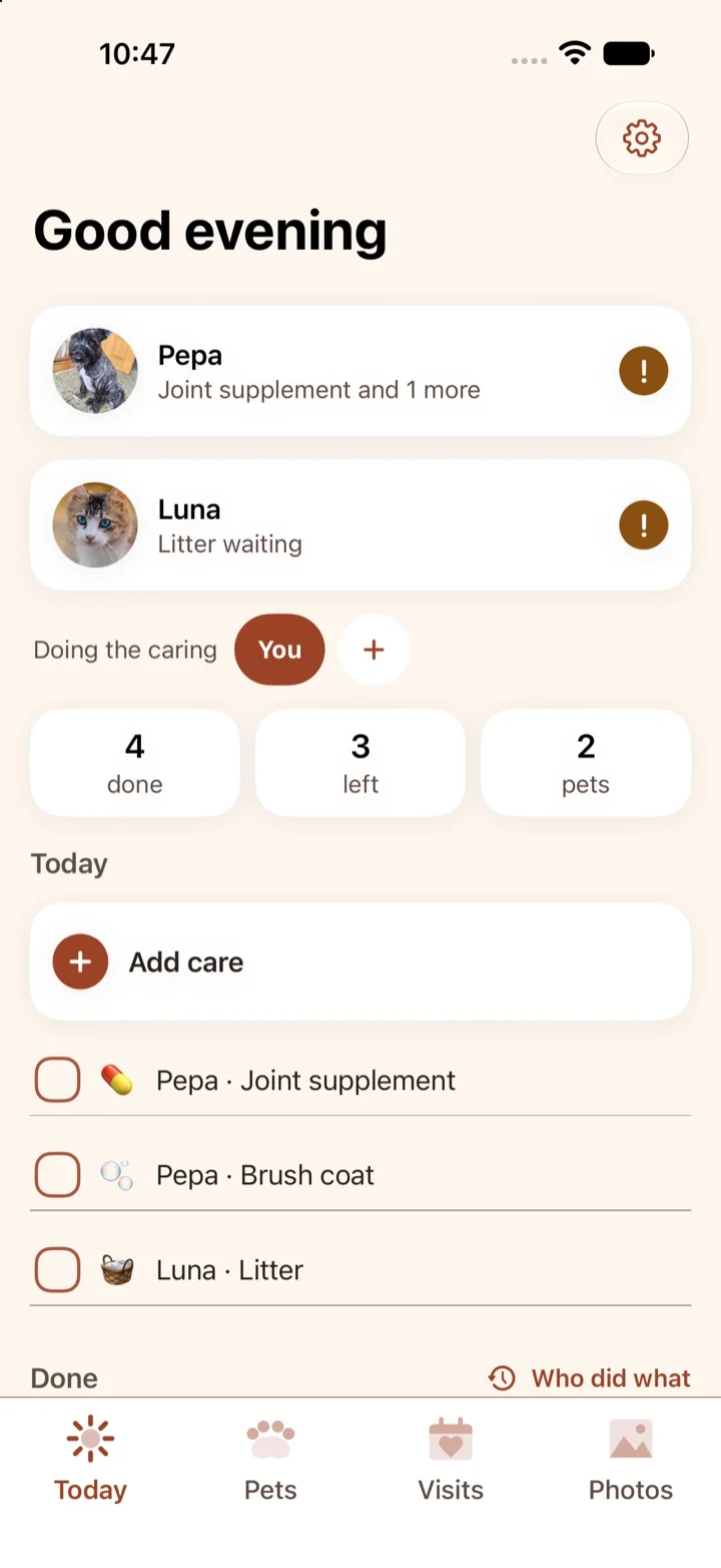 Our Little Paws Today tab, showing a checklist of the day's care for two pets